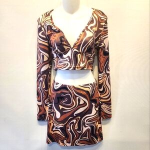 New 2 Piece Crop Top & Mini Skirt Deep V Brown Print Set Size S